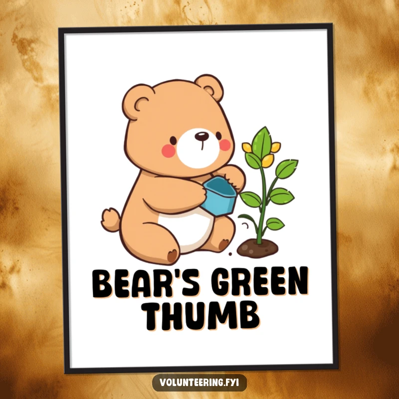 Funny bear digital art print, a contented cartoon bear watering a sprouting plant, ideal for serene wall decor.