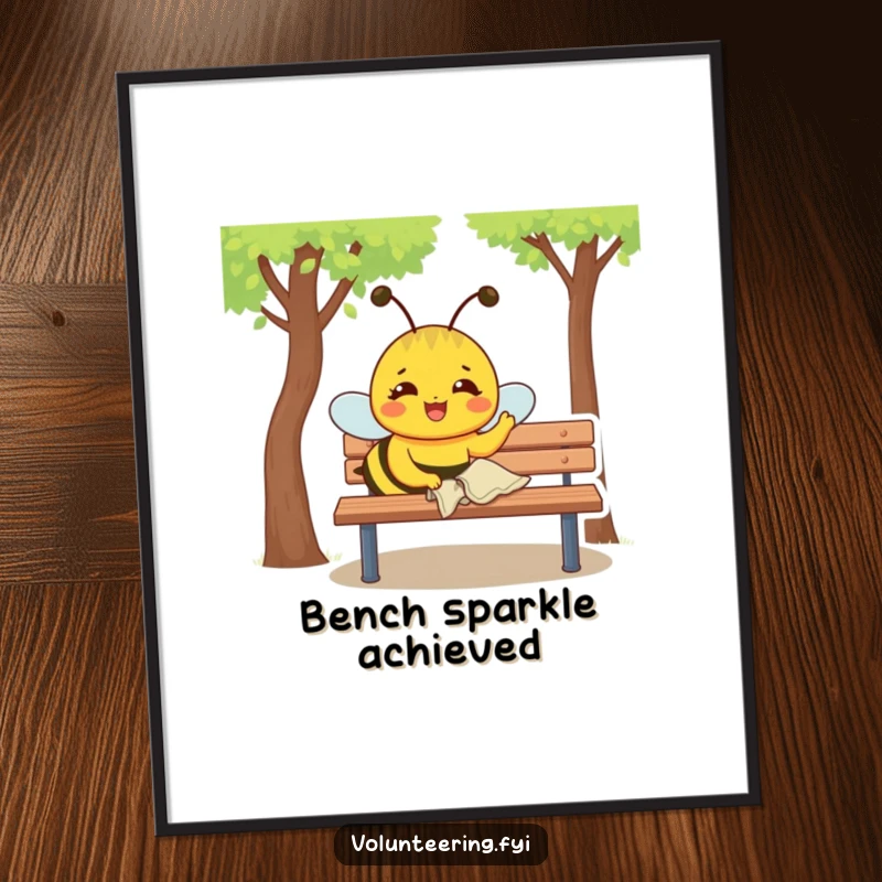 Funny Digital Art Print: Joyful yellow bee with a determined expression polishes a park bench with a small cloth, for tidy decor.