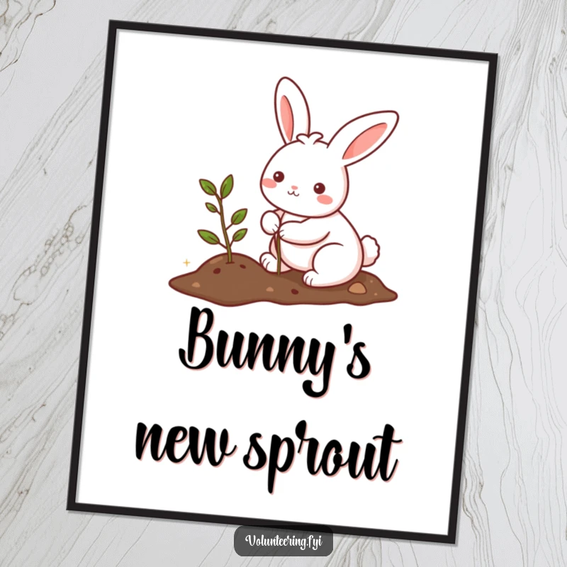 Funny digital art print of a kawaii bunny happily planting a small tree, bringing eco-friendly charm and positive energy to any space.