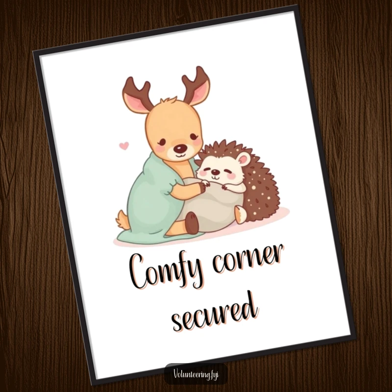 Funny digital art print of a Kawaii deer and hedgehog snuggling under a blanket, perfect for cozy and heartwarming decor.