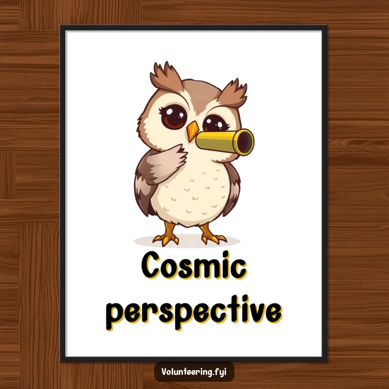 Funny Owl Digital Art Print: Curious owl character using a telescope, symbolizing helpfulness, a perfect funny gift.