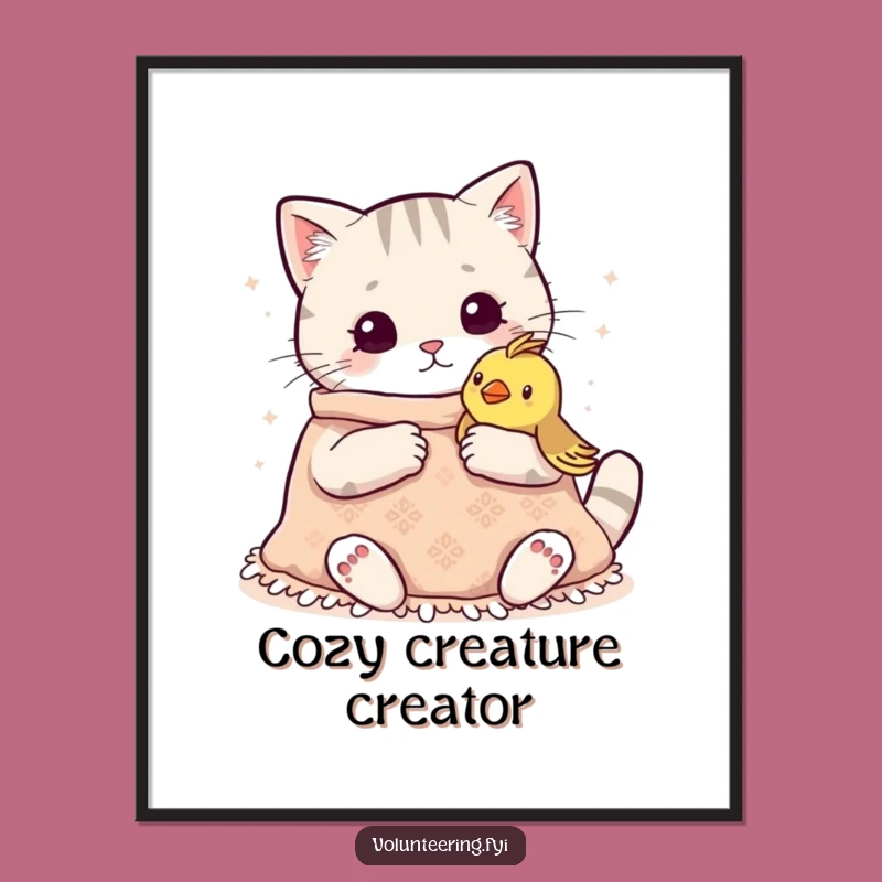 Funny Kawaii Cat Knitting Digital Art: Printable Cozy Scene, Instant Funny Gift Download