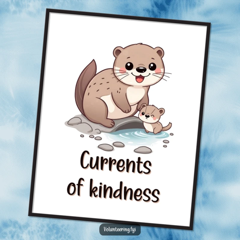 Funny Digital Art Print of a happy otter character helping a smaller animal cross a stream, capturing a moment of kindness and companionship.