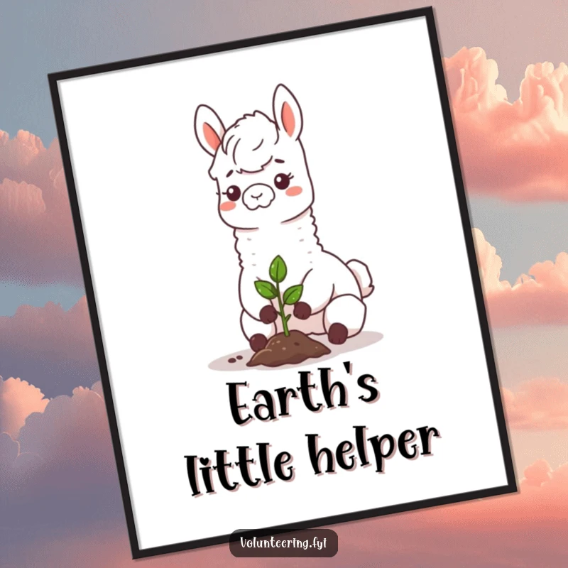 Funny llama digital art print, a happy llama planting a sapling, delivering instant joy, eco-inspiration, and humorous charm to your walls.