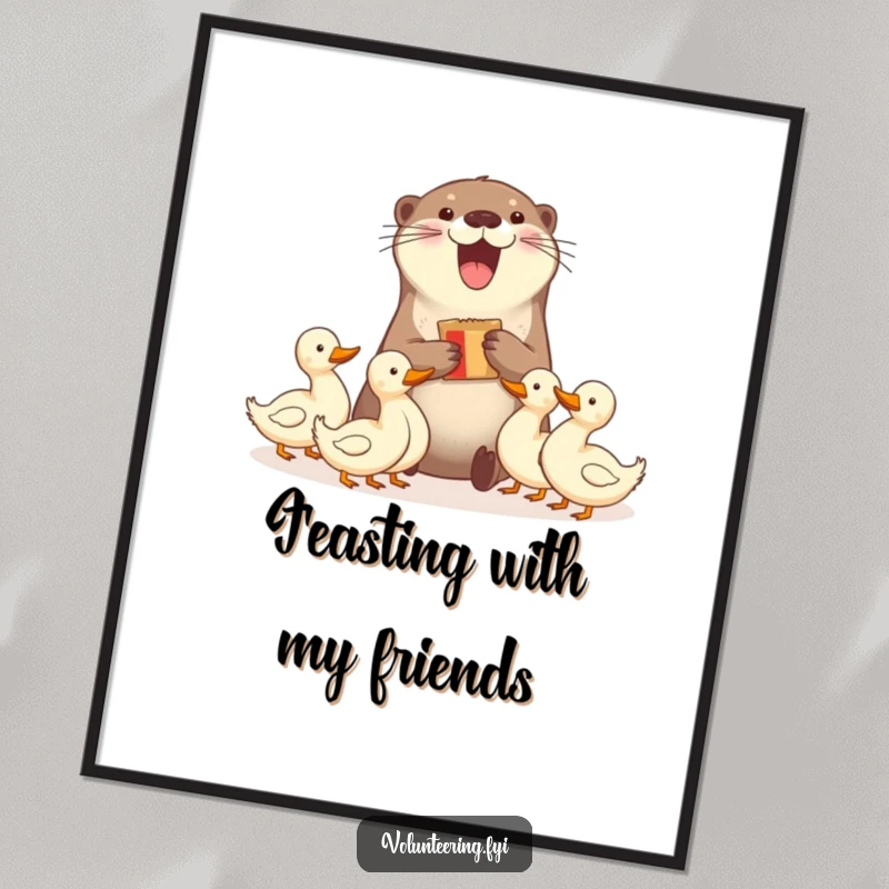 Funny digital art print of a delighted otter sharing snacks with ducks, perfect for instant humorous aquatic decor. Great funny gift.