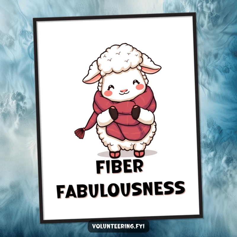 Funny Sheep Knitting Digital Art Print: A fluffy cartoon sheep creating a warm scarf, conveying a sense of peace and humor.