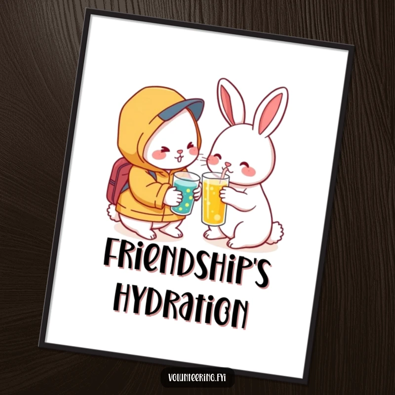 Funny Kawaii Rabbit Friendship Digital Art: High-resolution art of a rabbit offering a drink to a friend, perfect for supportive and humorous decor.
