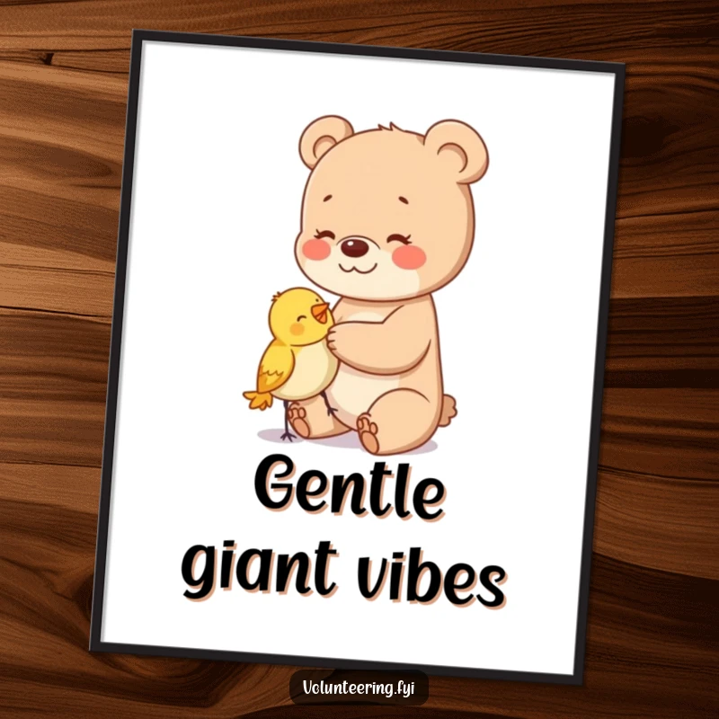 Funny digital art print of a happy bear cub gently patting a small, bewildered bird, symbolizing kindness.