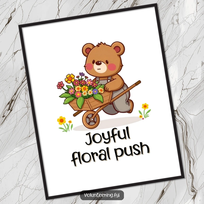 Funny Digital Art Print: Determined brown bear in overalls enthusiastically pushes a wheelbarrow filled with colorful flowers, for vibrant decor.