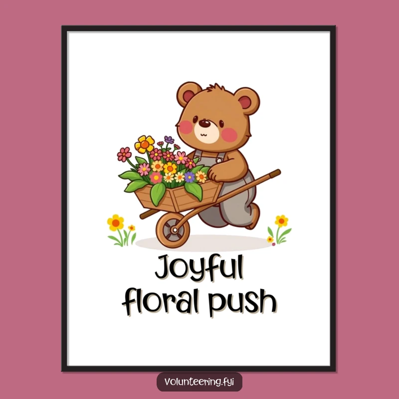Funny Bear Digital Art: Determined Bear Pushing Flowers, Instant Funny Decor