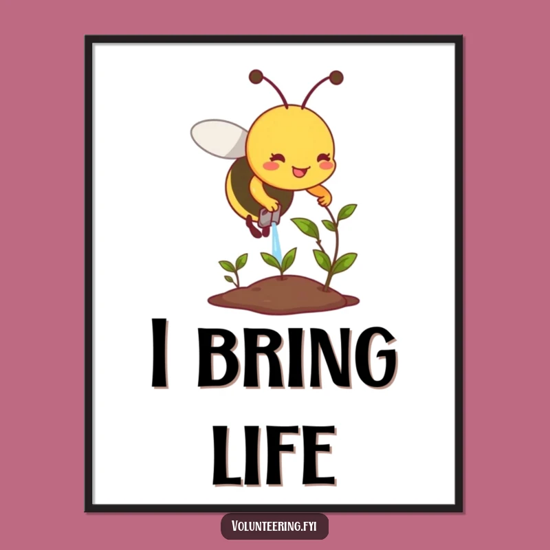 Funny Bee Watering Plant Art Print - Whimsical Decor for Nature Lovers
