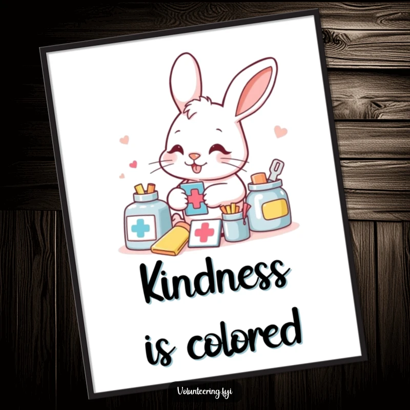 Funny smiling bunny meticulously sorting colorful aid supplies with a determined look, for a humorous digital art print.