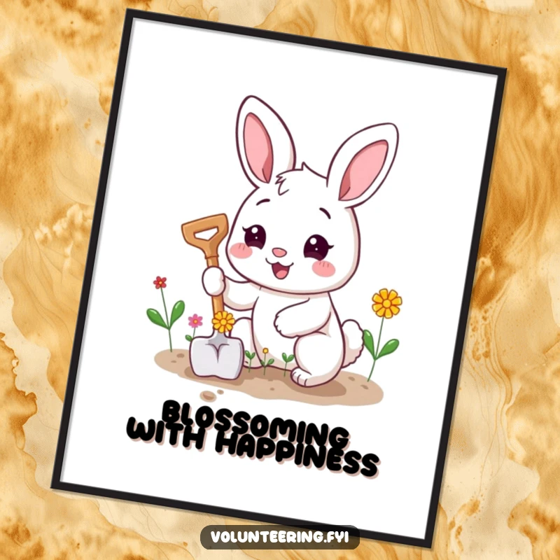 Funny digital art print of a happy bunny character planting tiny flowers with a smiling shovel, cheerful art.