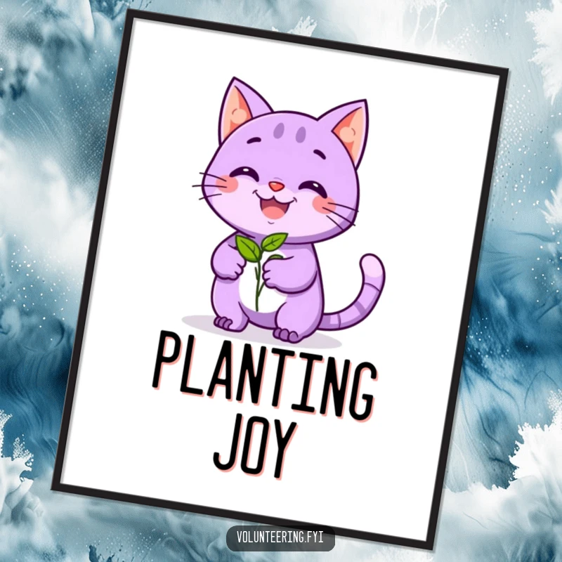Funny digital art of a playful purple cat smiling while offering a seedling, a heartwarming and humorous addition to any collection.