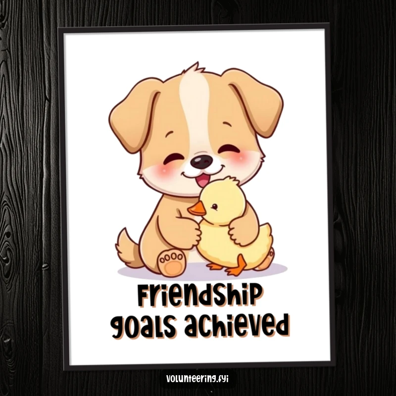 Funny digital art of a happy dog gently petting a small, fluffy duckling, showcasing a sweet interspecies bond.