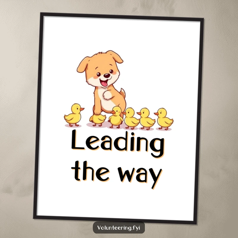 Funny dog and duckling digital art print featuring a playful dog gently guiding a group of lost ducklings, instant download art.