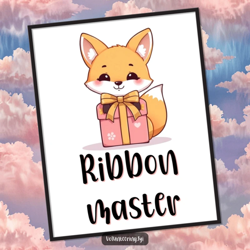 Funny, charming digital art print of a smiling fox expertly tying a ribbon around a gift box, full of wit.