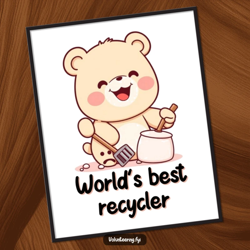 Funny Kawaii Bear Digital Art: High-resolution artwork of a smiling bear cleaning litter, perfect for humorous and eco-friendly decor.