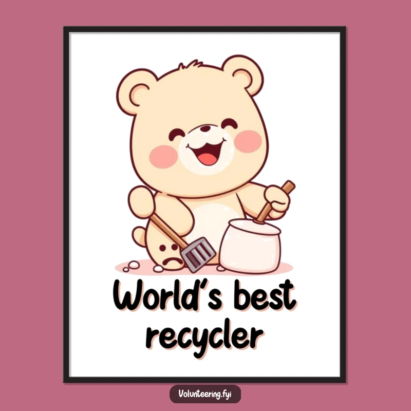 Funny Kawaii Bear Digital Art: Printable Eco-Hero Decor, Instant Funny Gift Download