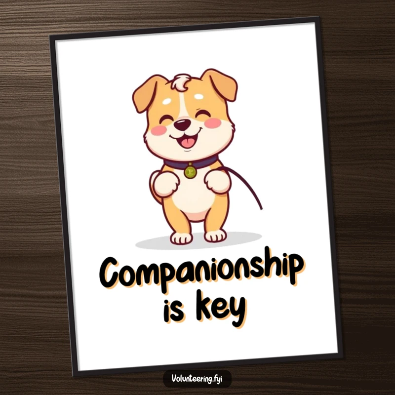 Funny digital art print of a Kawaii dog holding a leash, ready to walk with an elder, symbolizing loyalty and friendship.