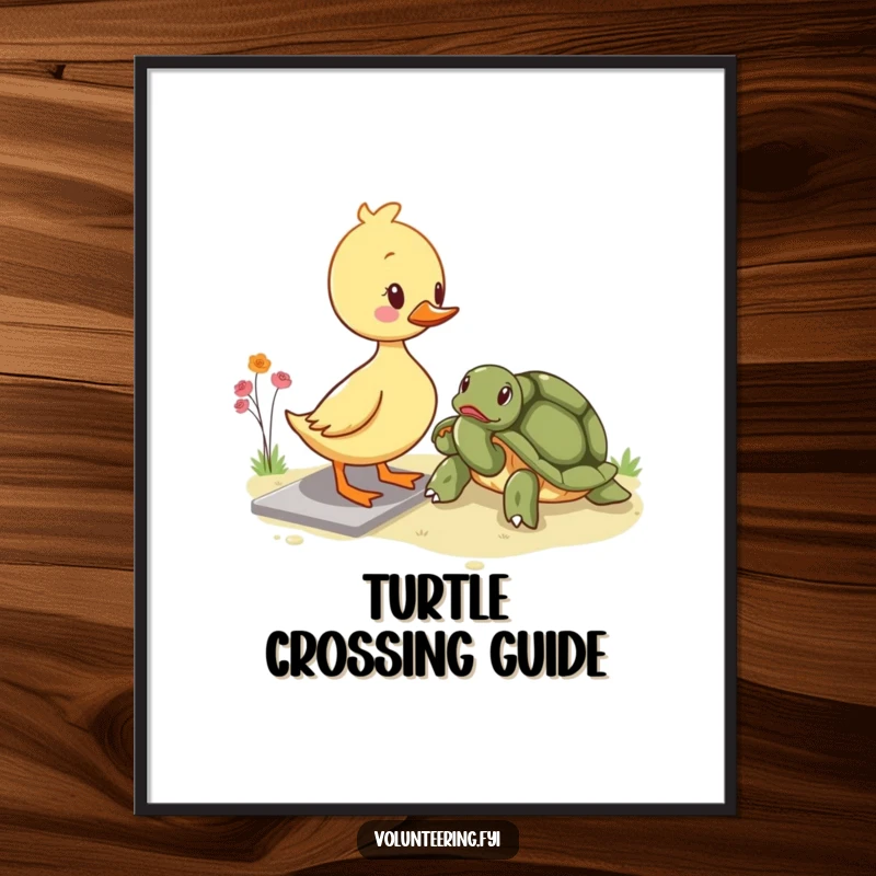 Funny kawaii duckling helping digital art print, an illustration of a duckling assisting an elderly turtle across a path, symbolizing kindness.
