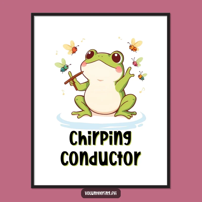 Funny Kawaii Frog Conductor Digital Art: Printable Symphony Scene, Instant Funny Gift Download