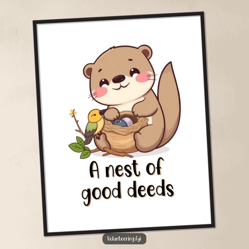 Funny Kawaii otter helping a bird build its nest, cute digital art print for friends.