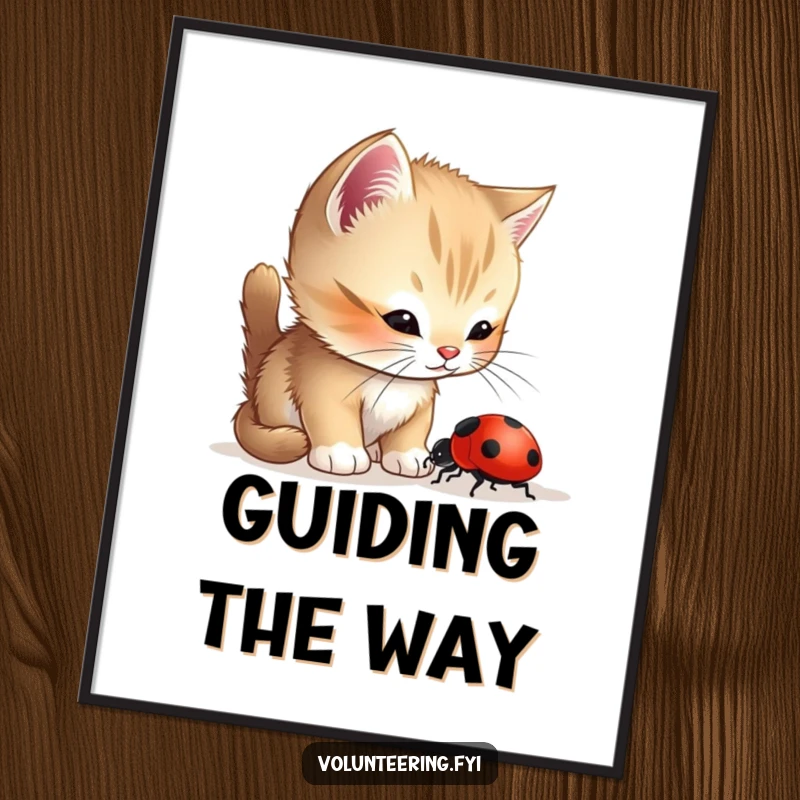 Funny Kitten Ladybug Digital Art Print of a curious kitten helping a lost ladybug, adding a touching scene of kindness and friendship.