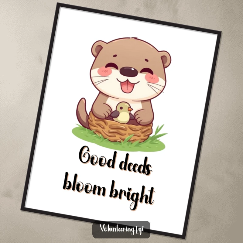 Funny Otter Helping Bird Nest Digital Art Print of a joyful otter carefully placing a baby bird into its nest, ready for instant download.