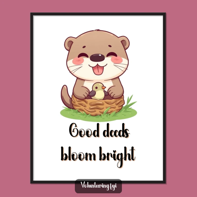 Funny Otter Helping Bird Nest Digital Art: Instant Download, Heartwarming Animal Decor