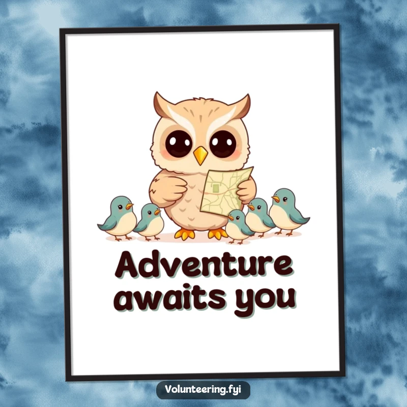 Funny digital art print of a smiling owl pointing at a map to guide smaller birds, ideal for instant, whimsical wall decor.