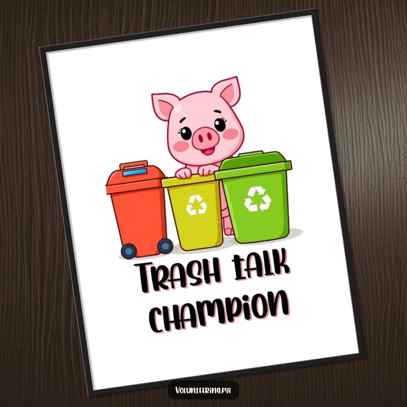 Funny pink pig character with a sunny smile, happily sorting colorful recycling bins, as a digital art print, a funny eco gift.
