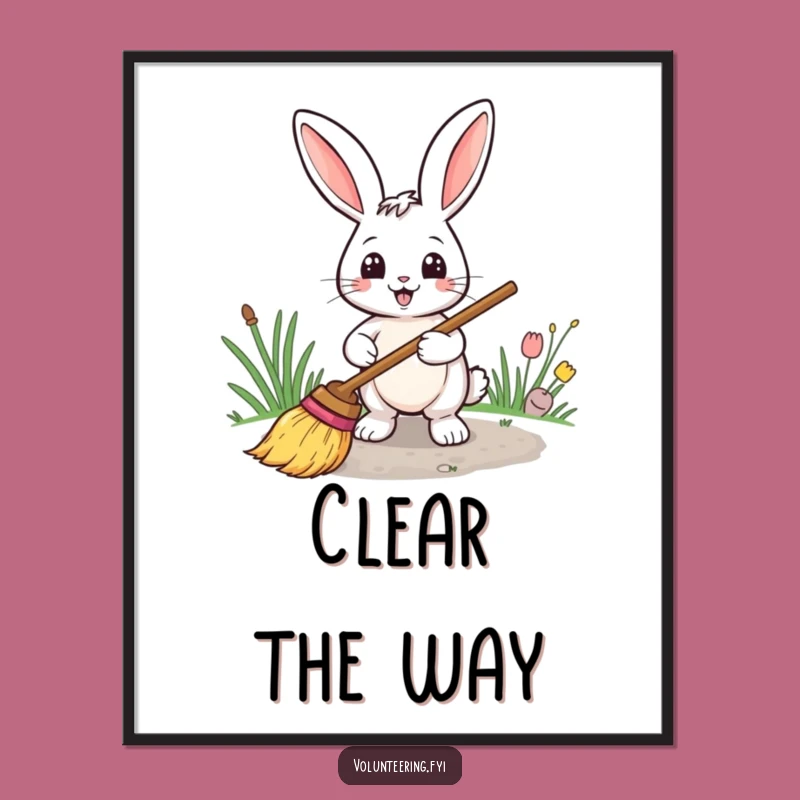 Funny Rabbit Sweeping Digital Art: Tidy Bunny Scene for Your Walls!