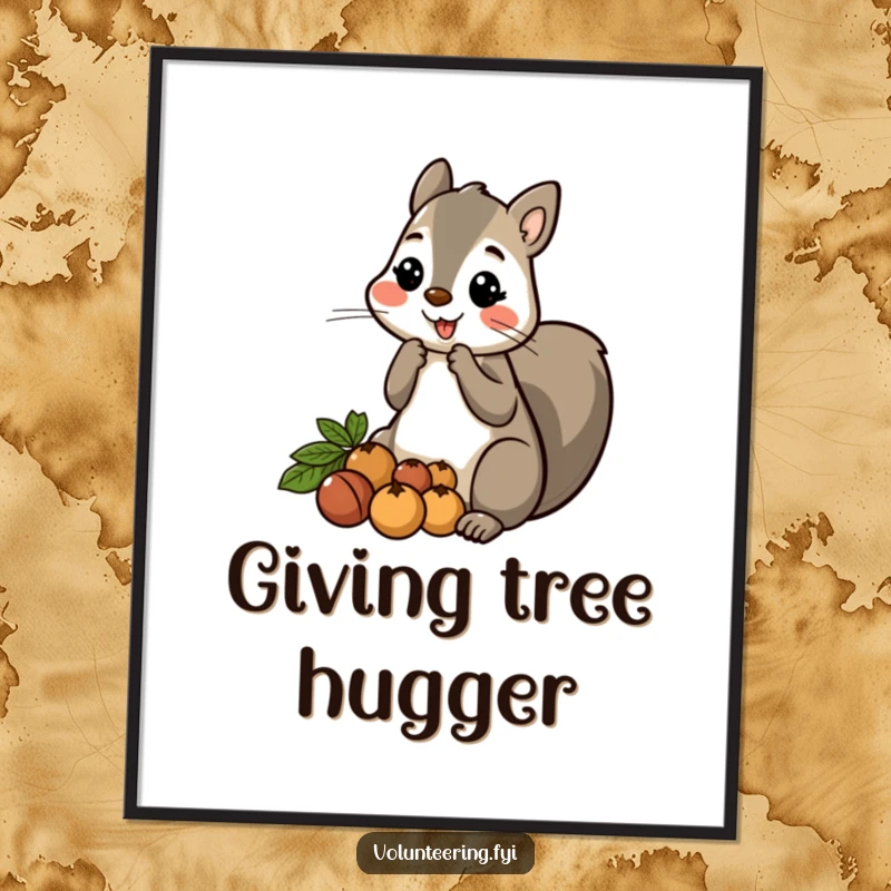 Funny Squirrel Nut Digital Art Print: A cartoon squirrel offering nuts to friends, symbolizing generosity and bringing a warm vibe indoors.
