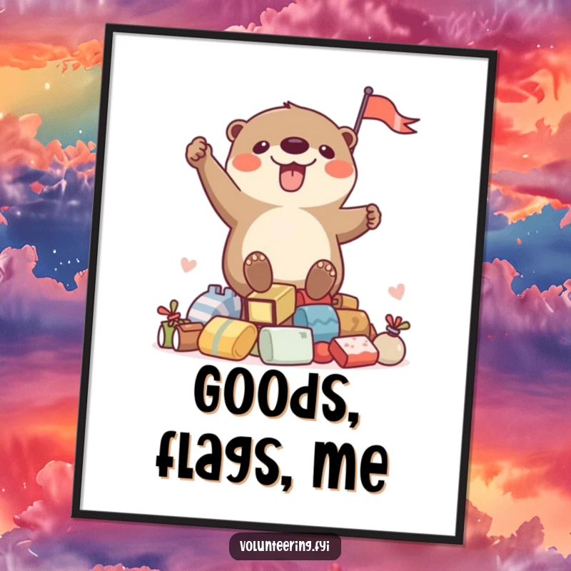 Funny digital art print of an otter waving a flag from a pile, offering instant humorous wall decor.