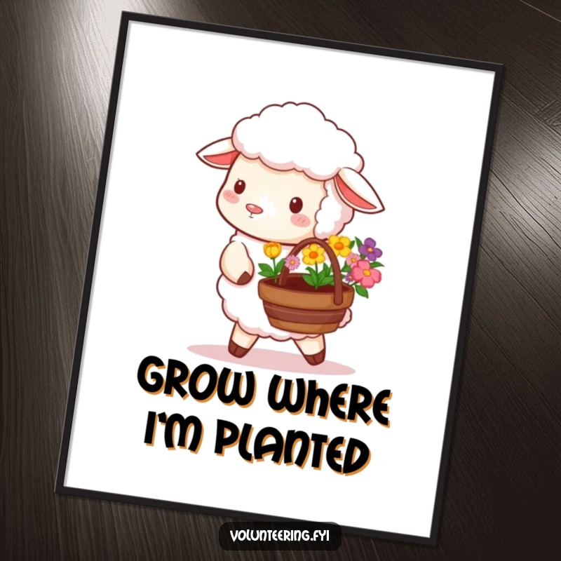 Funny digital art of a fluffy sheep carrying a basket of colorful flowers, ready for planting, a whimsical piece.