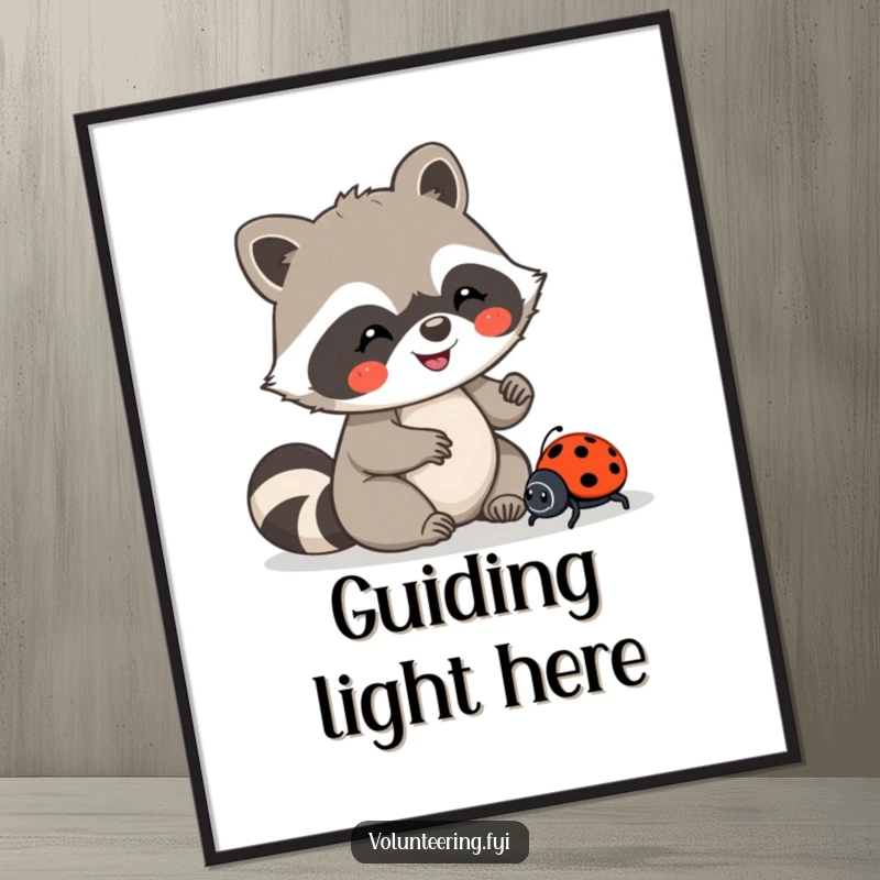 Funny digital art print of a joyful Kawaii raccoon carefully guiding a lost ladybug, instant download, heartwarming wall art.