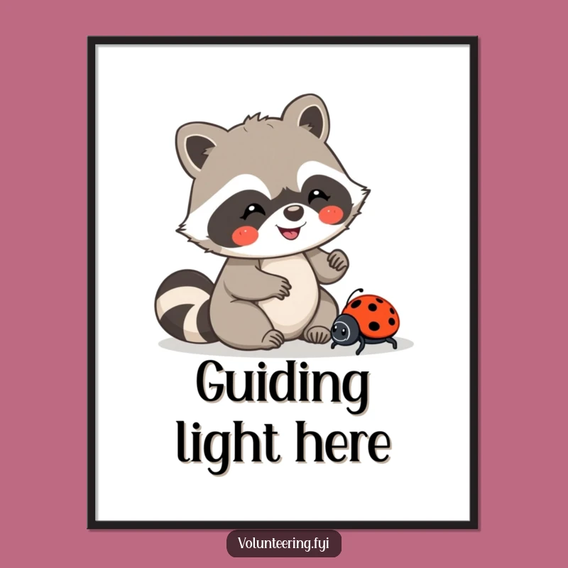 Funny Kawaii Raccoon Ladybug Digital Print, Instant Kindness, Unique Decor Gift