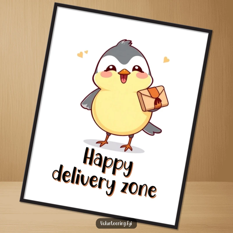 Funny digital art print of a joyful chickadee carrying a small parcel, ideal for instant, cheerful, and humorous home decor.