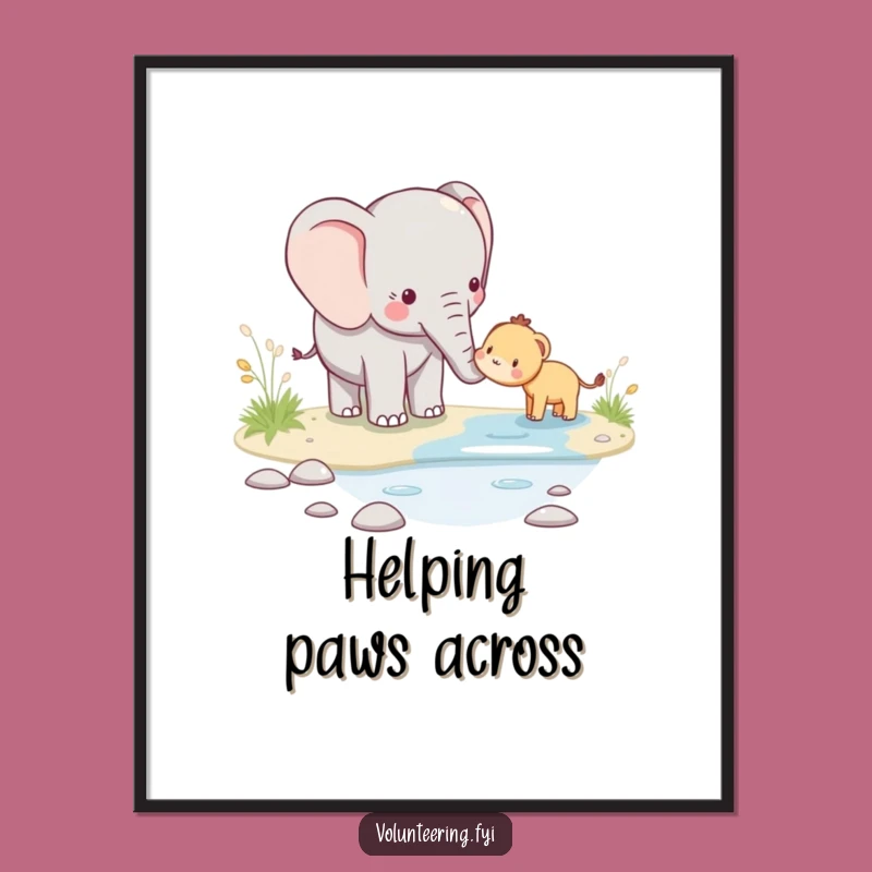 Funny Kawaii Elephant Helping Digital Art - Adorable Kindness Wall Decor