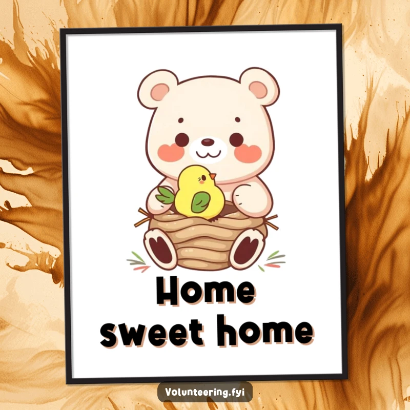 Funny Digital Art Print: A cheerful bear assists a tiny bird with nest construction, symbolizing friendship and cooperation.
