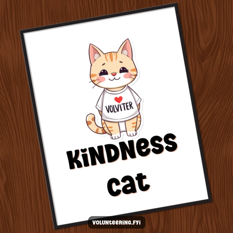 Funny digital art print of an adorable illustrated cat wearing a volunteer t-shirt, bringing cuteness and a helpful spirit to any space.