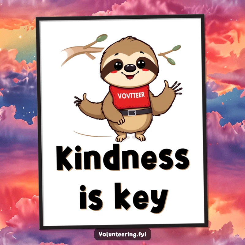Funny sloth digital art print of a smiling sloth in a red volunteer vest, offering instant humor and a positive vibe.