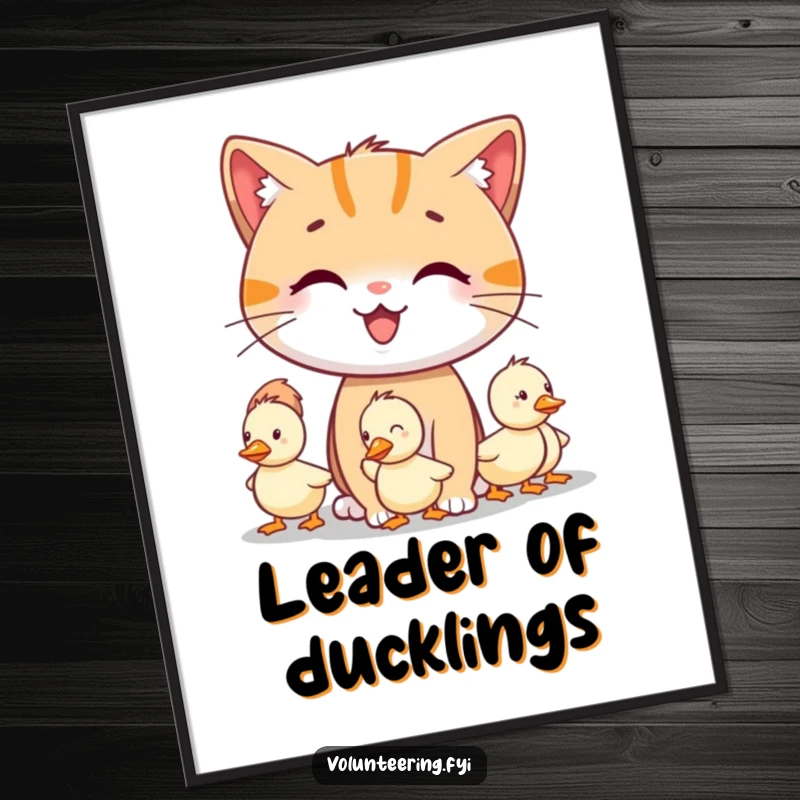 Funny smiling cat character guiding lost little ducklings, downloadable funny digital art print, perfect gift.