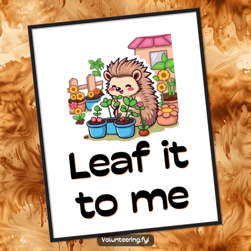 Funny Hedgehog Garden Digital Art Print: A cartoon hedgehog organizing plants in a garden, symbolizing community and bringing a fresh vibe indoors.
