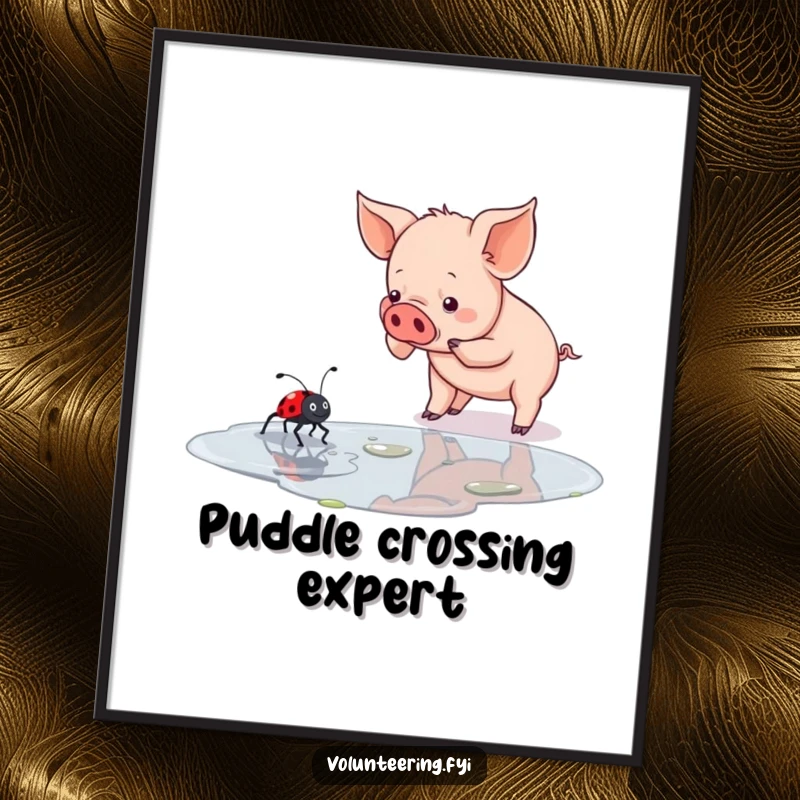 Funny piglet and ladybug digital art print showing a determined piglet helping a ladybug cross a puddle, instant downloadable kindness.
