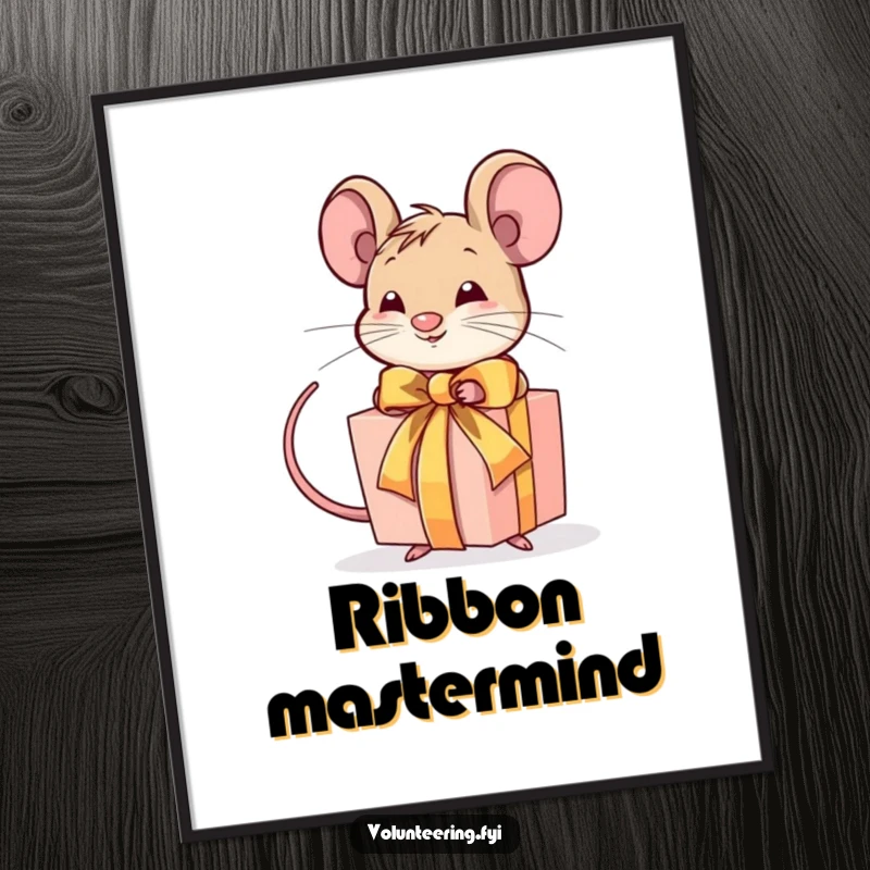Funny digital art print of a determined mouse tying a ribbon around a gift, offering meticulous and humorous wall decor.