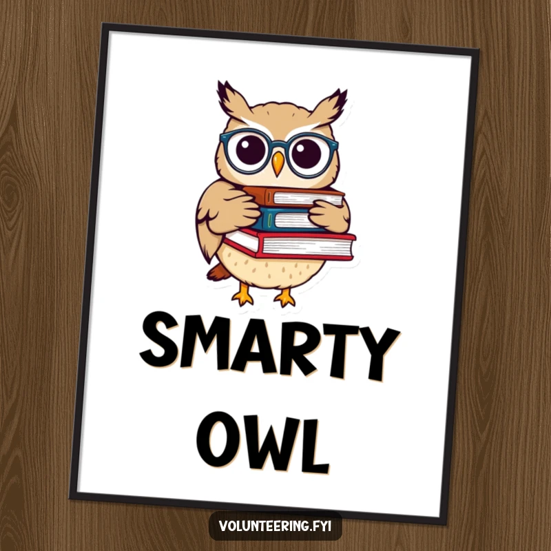 Funny digital art print of a whimsical owl with spectacles carrying books, bringing intellect and literary charm to any space.