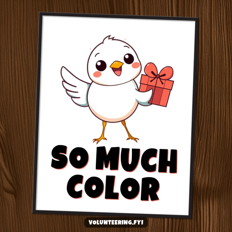 Funny bird digital art print of a smiling bird holding a colorful gift, adding instant cheer and charm.