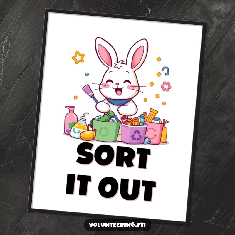 Funny Digital Art Print: An energetic rabbit joyfully sorts colorful recyclable items, a humorous and inspiring piece for eco-conscious decor.